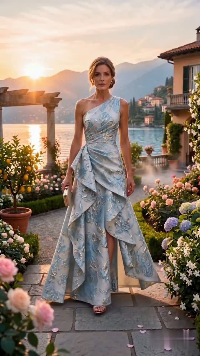 A woman in a blue floral one-shoulder draped gown standing in a garden by a lake.