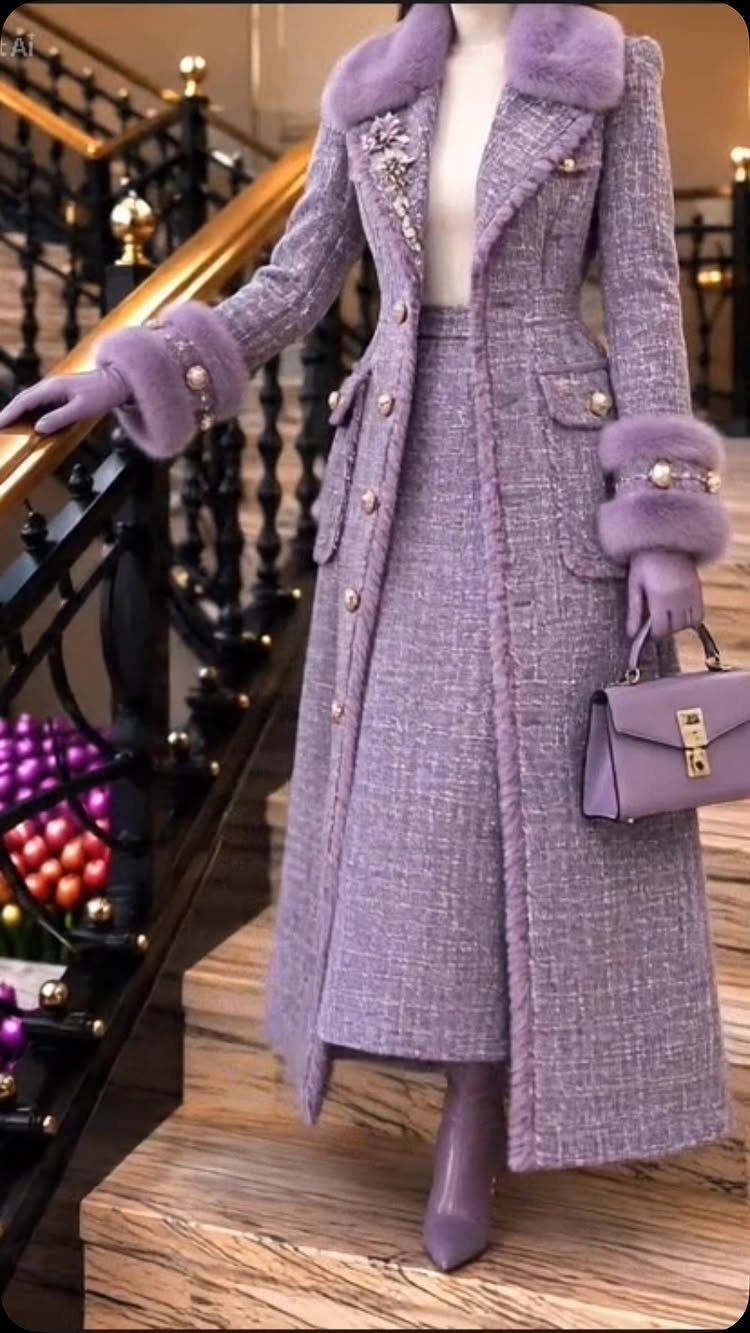 A person in a lavender tweed coat and skirt with faux fur trim standing on stairs.