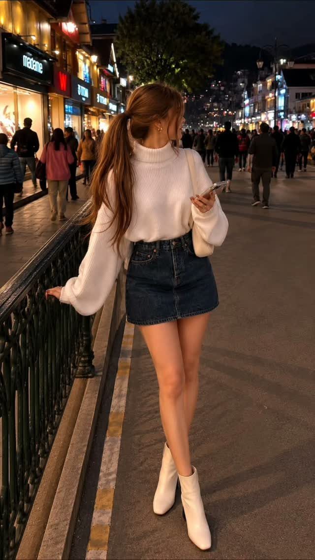 A woman in a white turtleneck, denim skirt, and white boots standing on a city street at night.