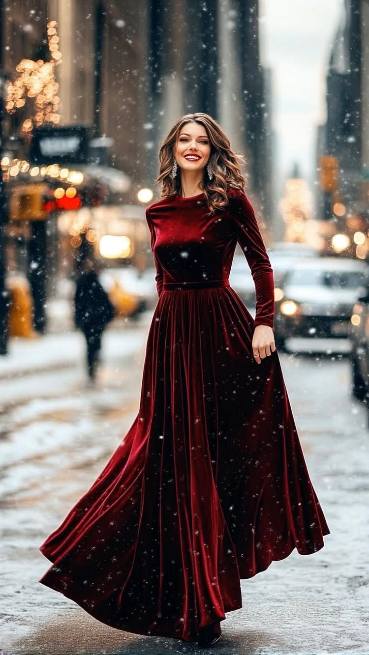 A woman in a long red velvet dress standing on a snowy city street.
