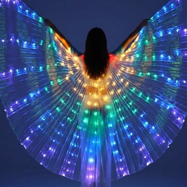 A person wearing large, glowing, multicolored LED light-up wings against a dark background.