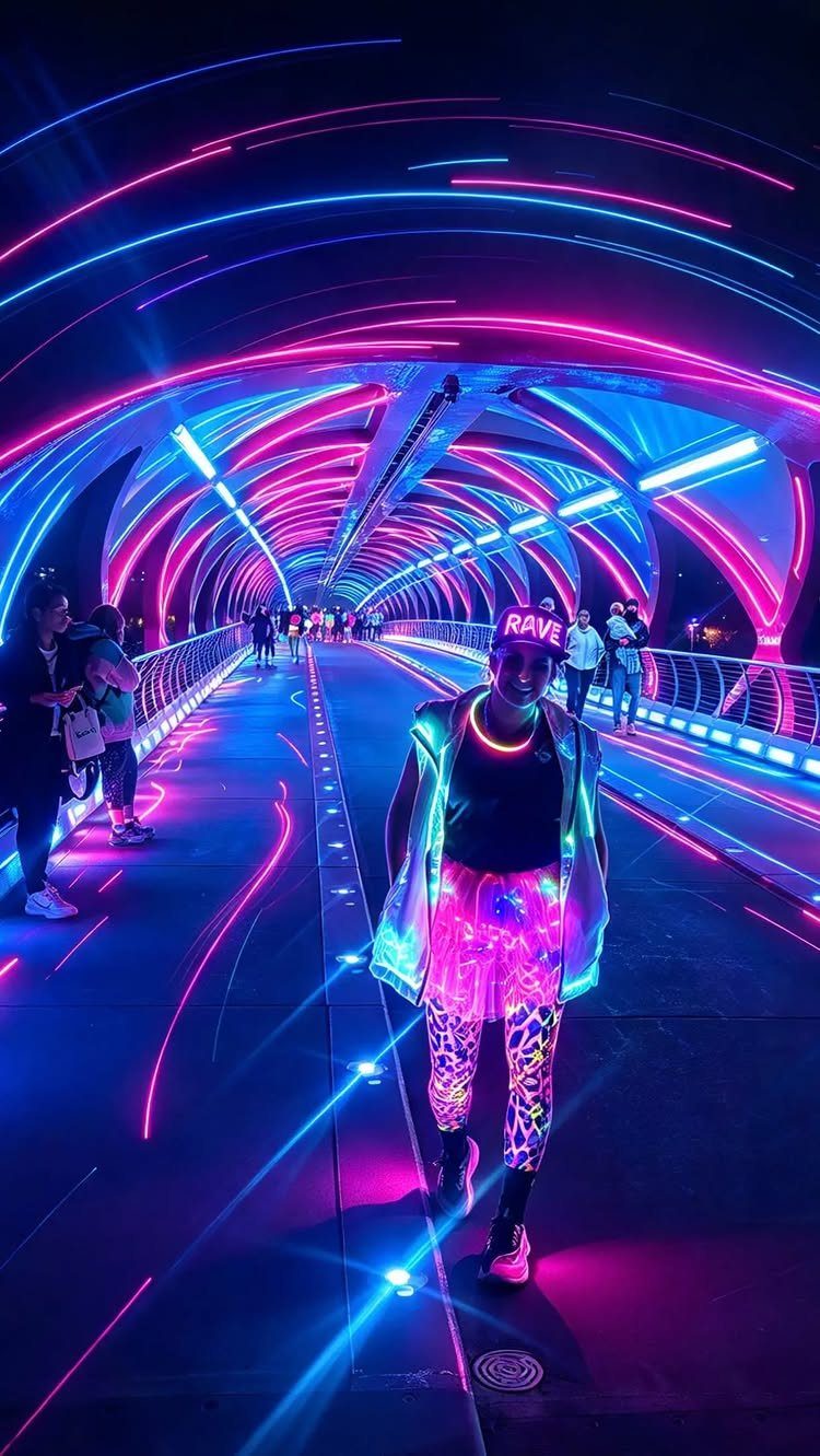 Person wearing bright pink patterned leggings standing in a neon blue and pink lit tunnel.