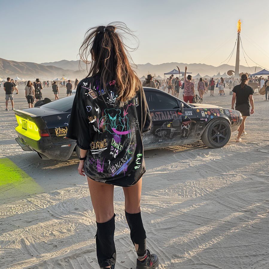 Woman wearing a black oversized graphic T-shirt standing in a desert landscape near a car.