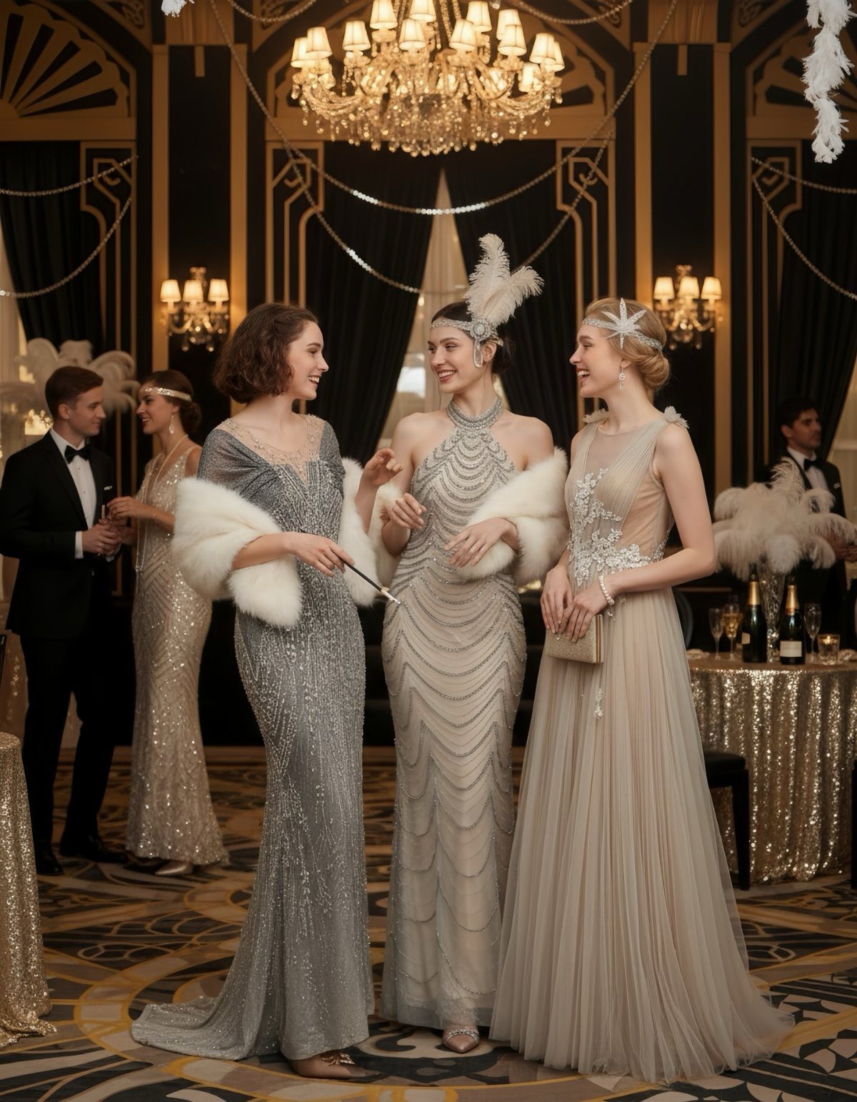 Three women wearing sparkling 1920s-style evening gowns and vintage accessories in a grand ballroom.