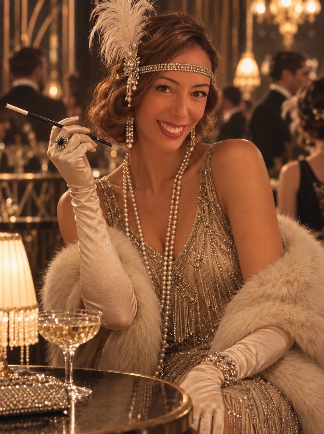 A woman in a gold beaded 1920s dress and white fur stole smiling at a table.