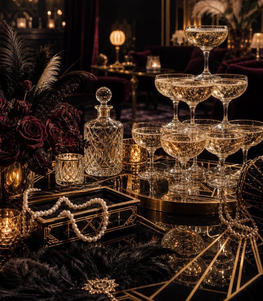 Sparkling champagne coupe glasses arranged in a tower on a gold tray amidst dark roses and pearls.