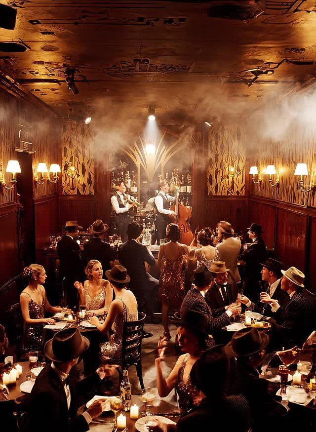 People in vintage attire dining and drinking in a dimly lit, smoky 1920s style speakeasy.
