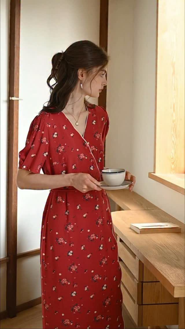 A woman in a red floral midi dress holding a teacup by a window.
