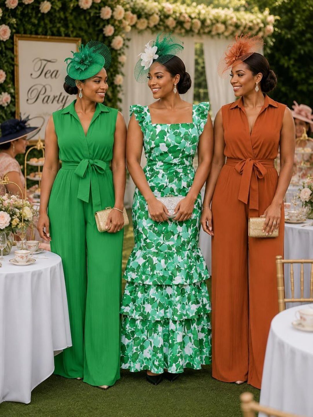 Three women posing in colorful summer outfits at an outdoor garden tea party setting.