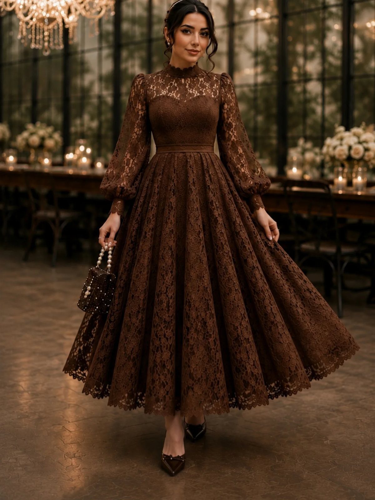 Woman in a brown long-sleeved lace tea-length dress holding a small beaded handbag.