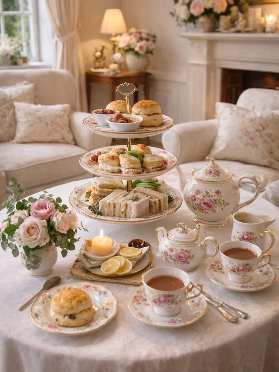 A tea party table set with tiered sandwich stands, floral teapots, and pink rose arrangements.