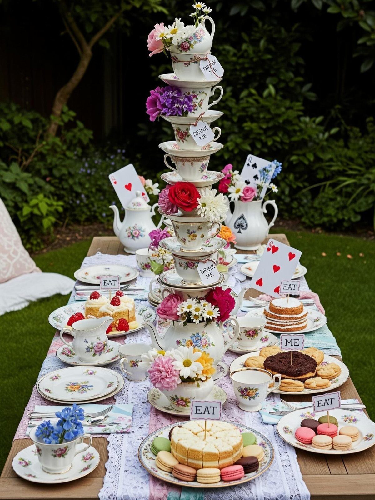 A whimsical tea party table featuring stacked teacups with flowers, cakes, macarons, and Eat Me cards.