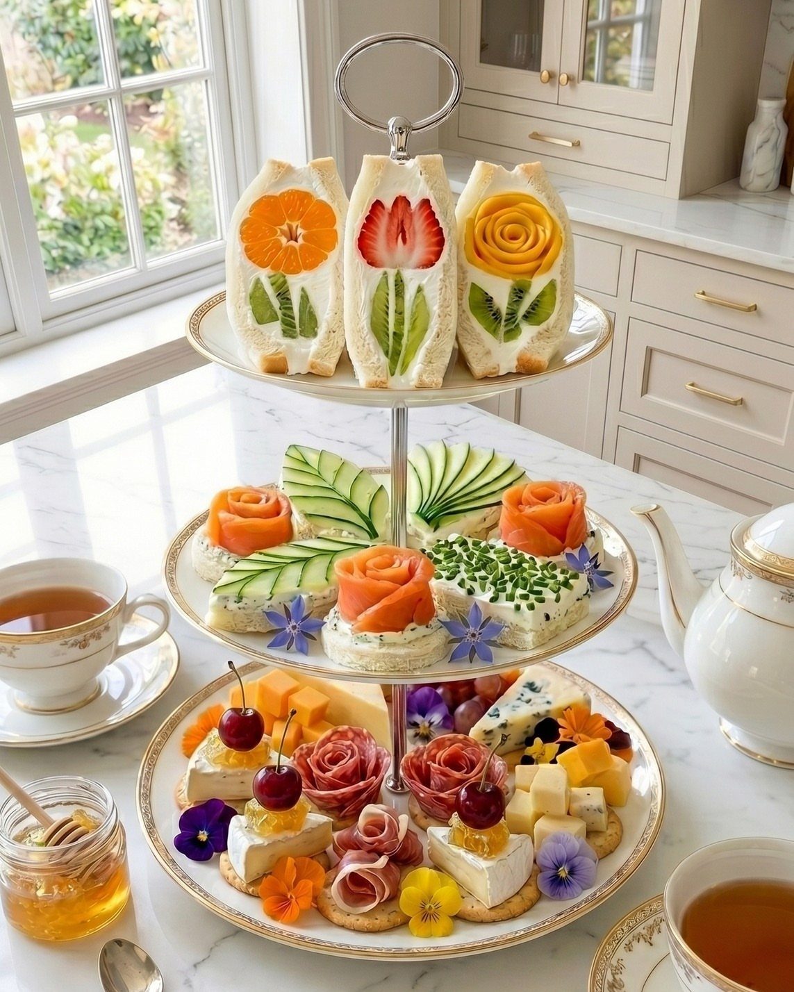 Three-tiered stand displaying decorative floral sandwiches, savory finger sandwiches, and a cheese and meat platter.