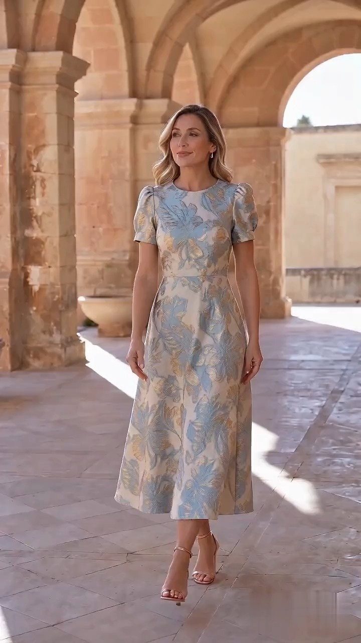 A woman walking through stone arches wearing a floral patterned midi dress and strappy sandals.