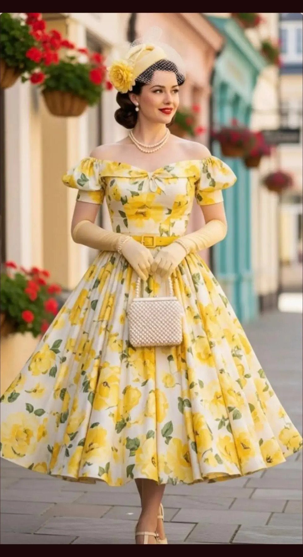 Woman in a yellow floral vintage tea-length dress with gloves and a fascinator hat.