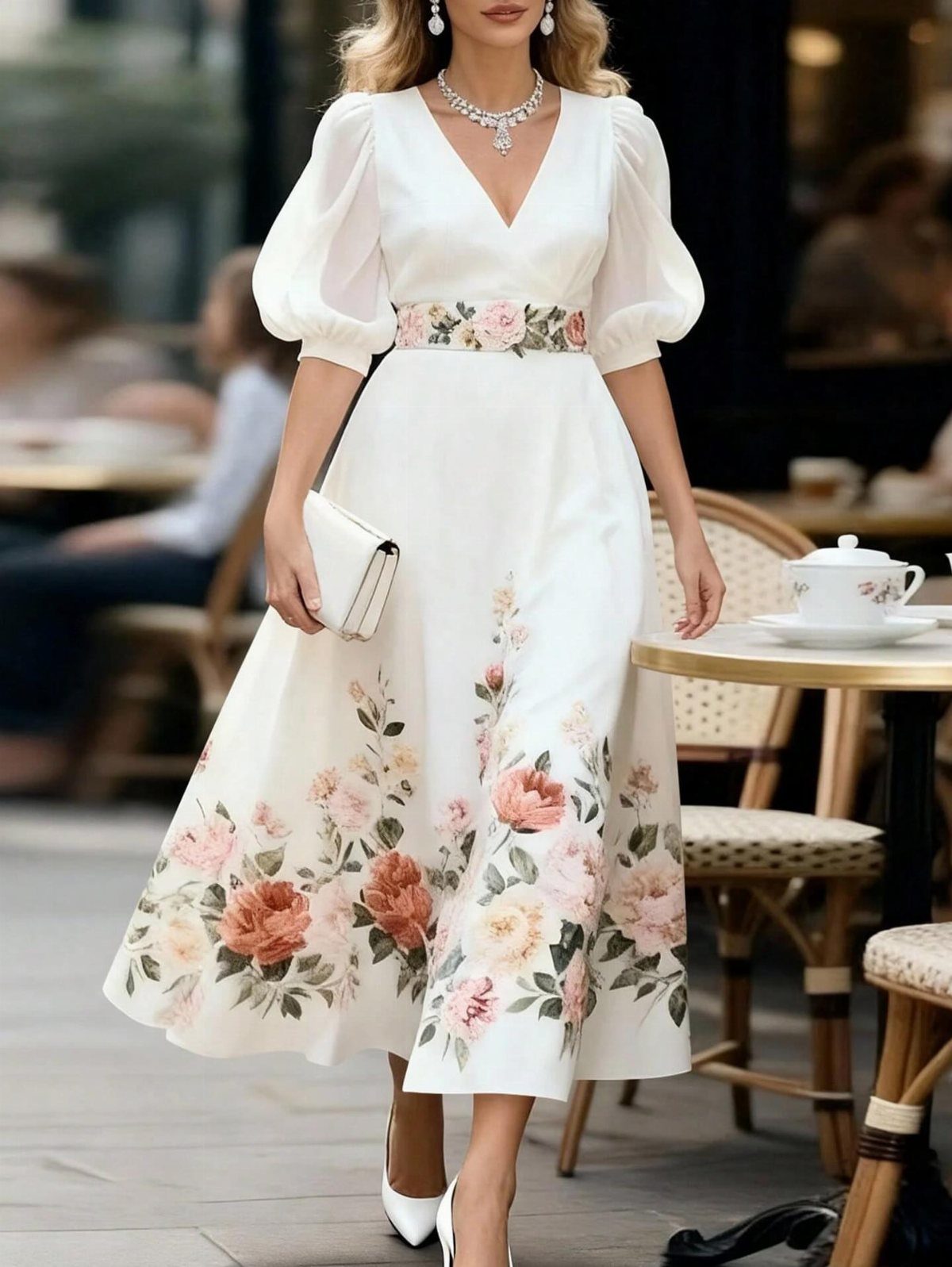Woman wearing a white midi dress with large pink floral patterns and a matching floral belt.