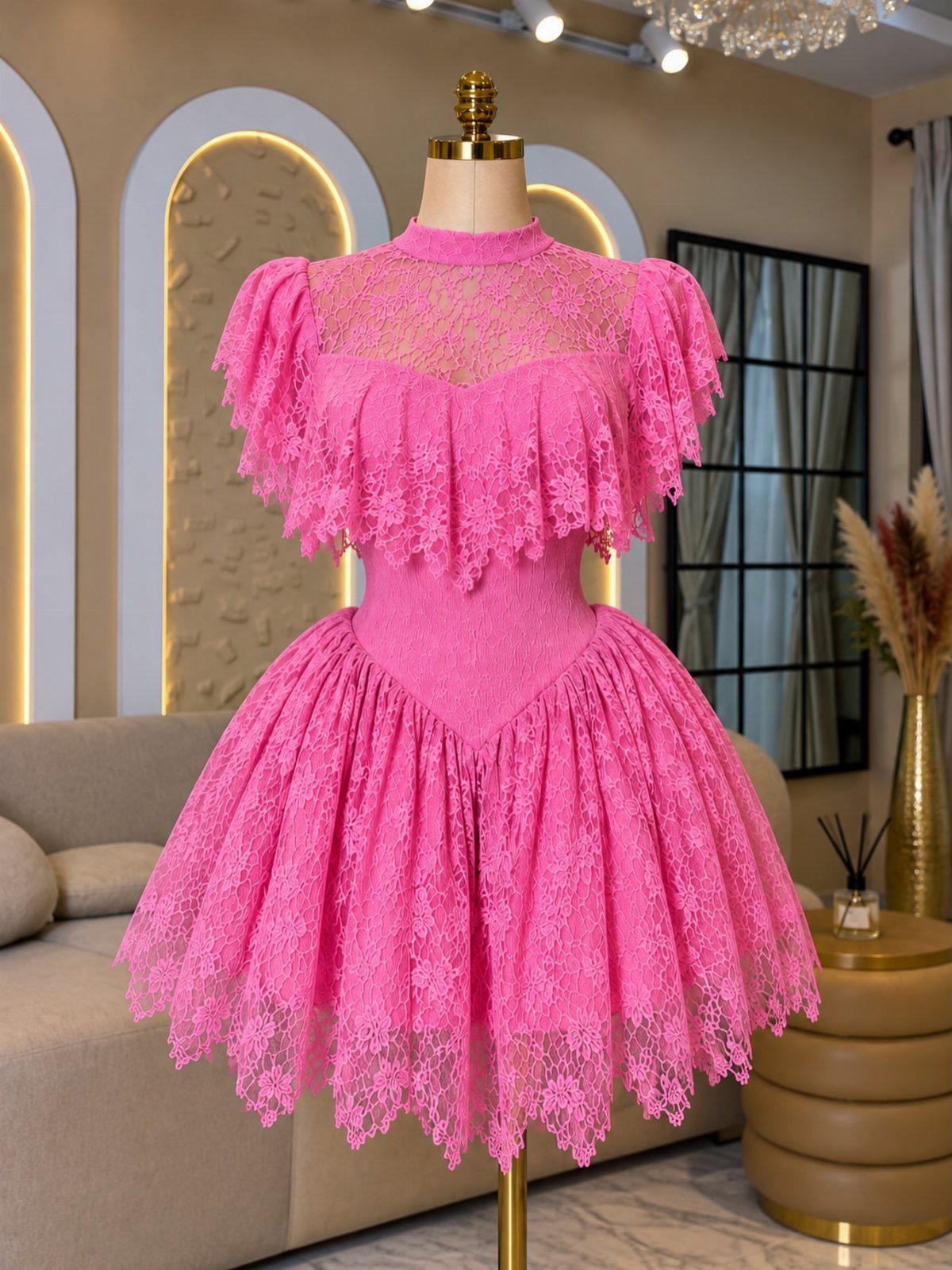 A bright pink short lace dress with ruffles displayed on a mannequin.