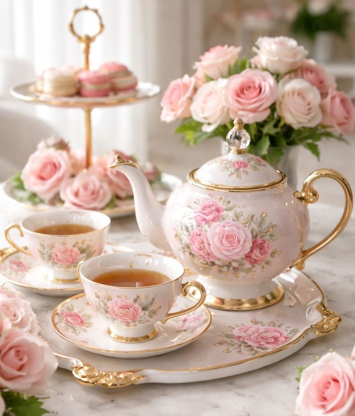 Pink rose patterned fine china tea set with a teapot, teacups, and macarons on a tray.