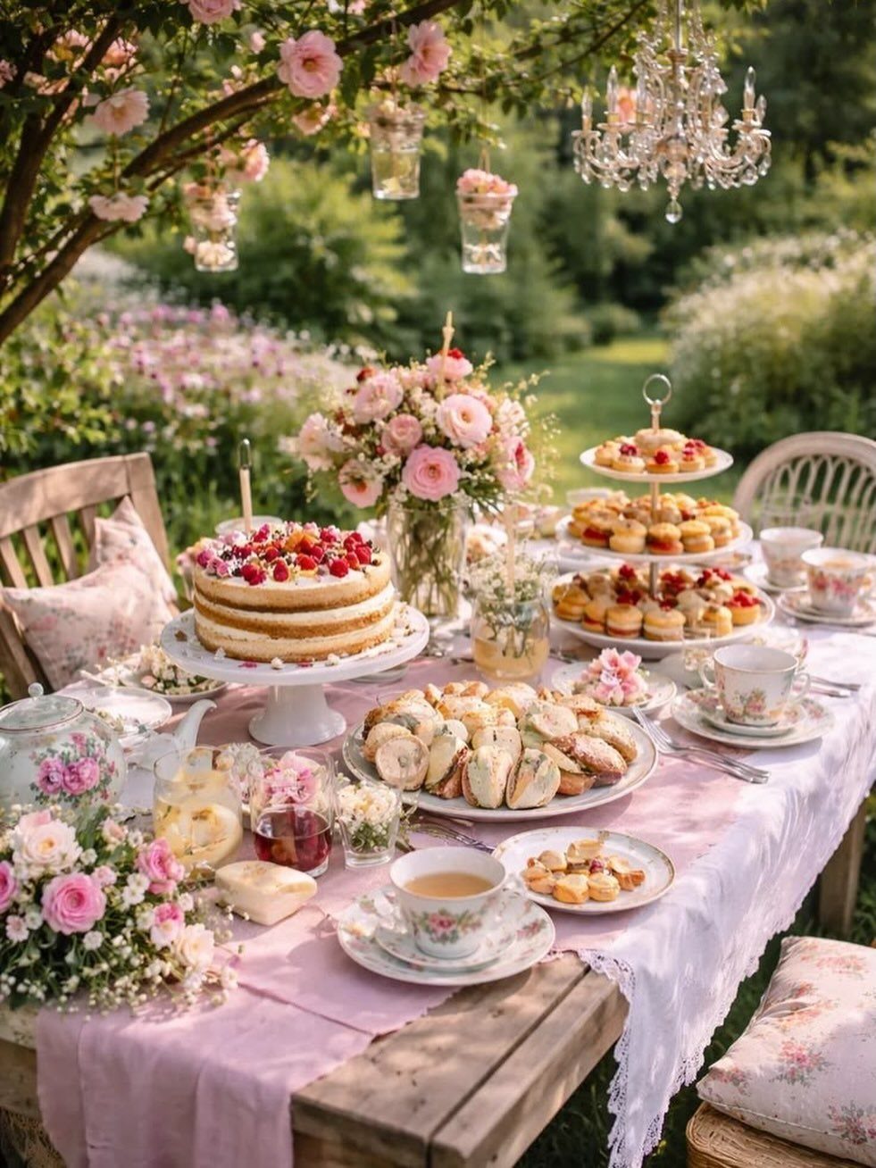 A garden table laden with strawberry cake, pastries, and floral arrangements under a flowering tree.