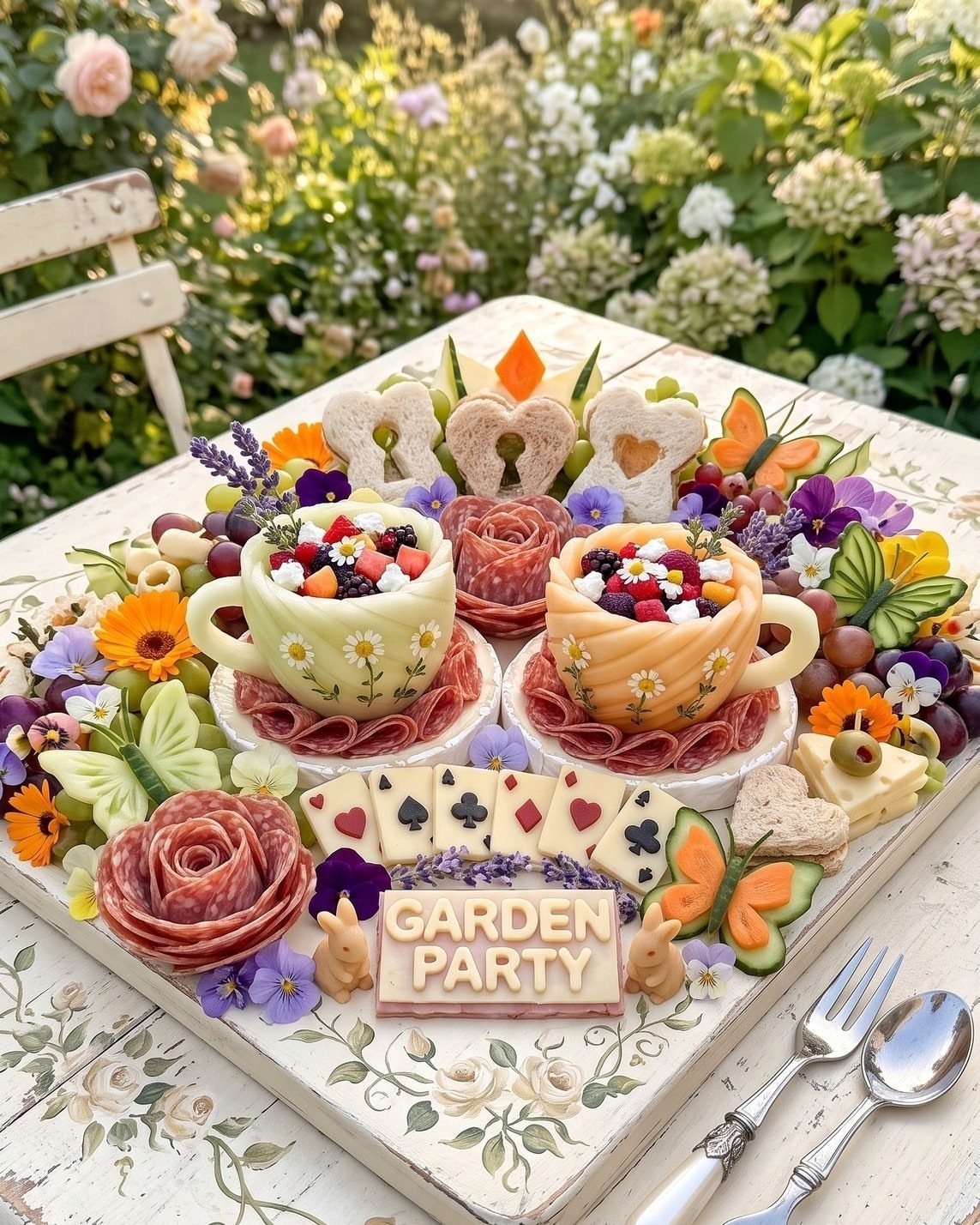 A decorative food platter with savory snacks shaped like flowers, butterflies, and playing cards outdoors.