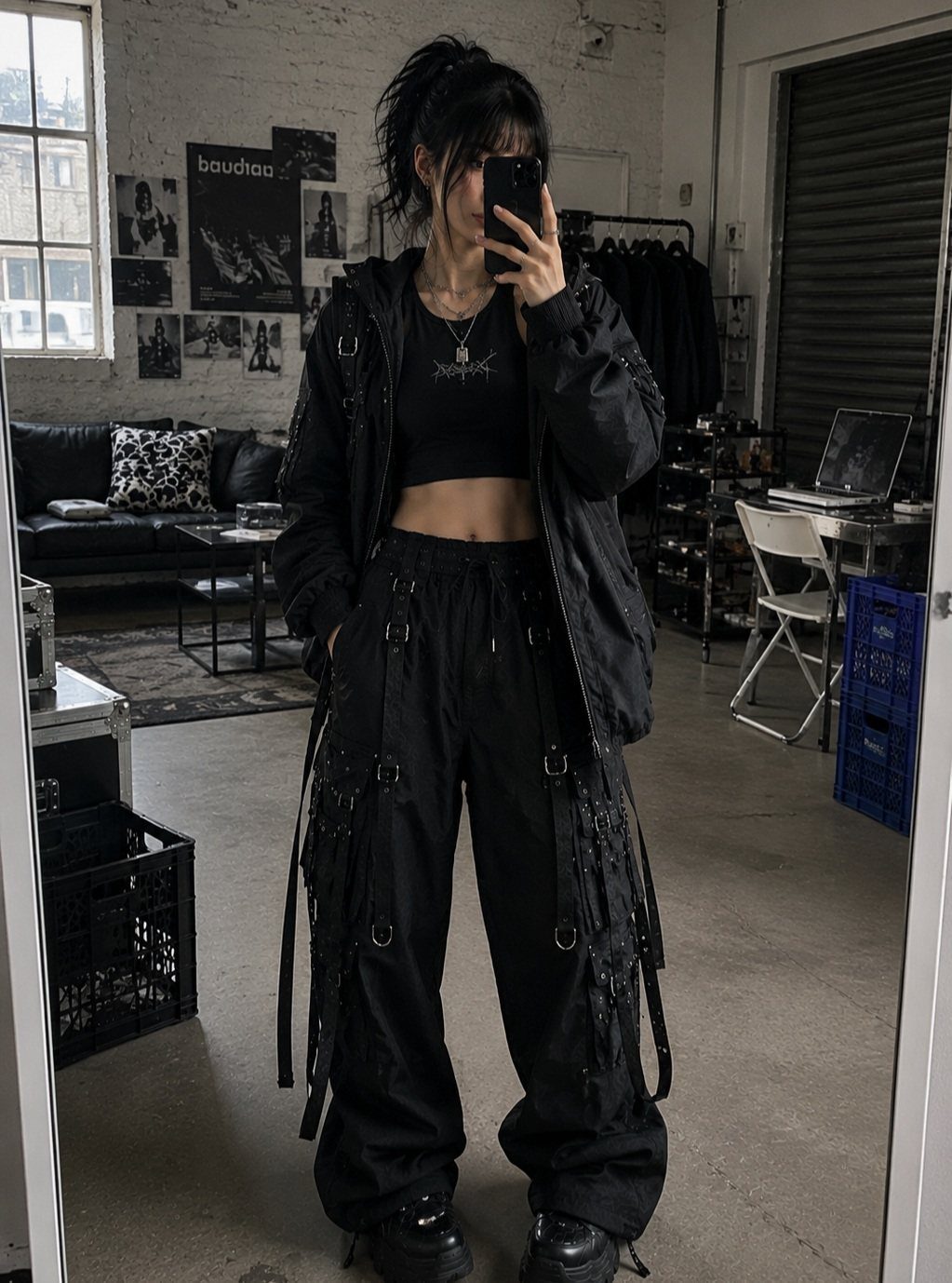 A person in an all-black outfit with baggy cargo pants and straps posing for a mirror selfie.