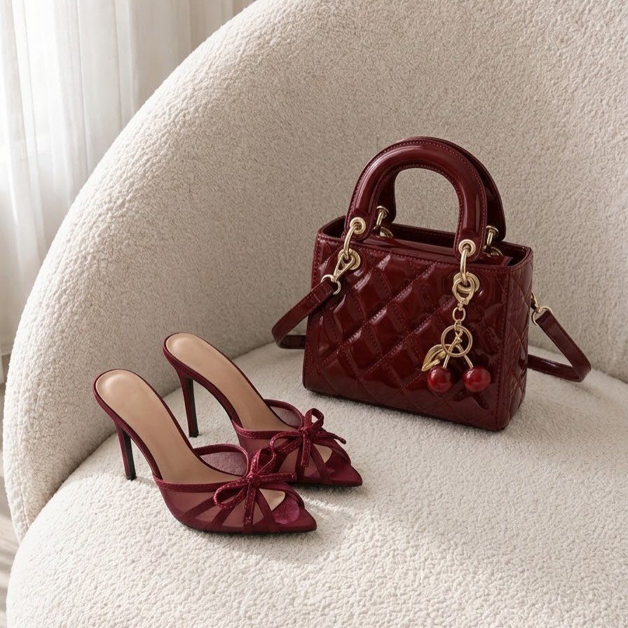 Burgundy satin high-heeled mules with bows and a matching quilted handbag on a white chair.