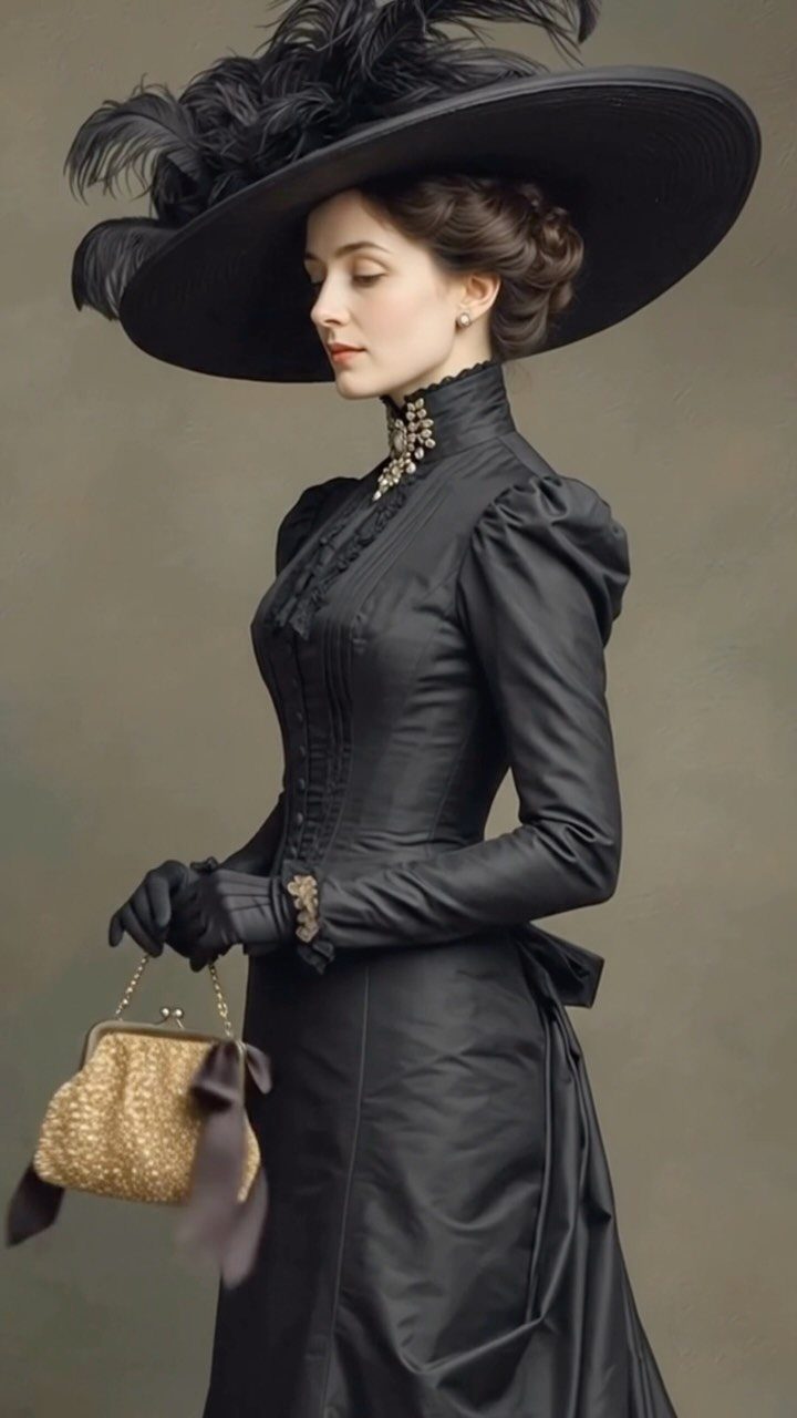 A woman in a black Victorian era dress and large feathered hat holding a gold clutch.
