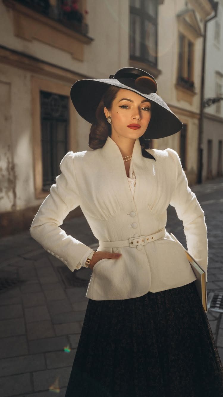 A woman wearing a white vintage jacket, black skirt, and wide-brimmed hat poses outdoors.