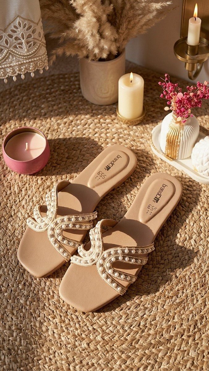 Beige slide sandals embellished with white pearls resting on a textured jute rug near candles.