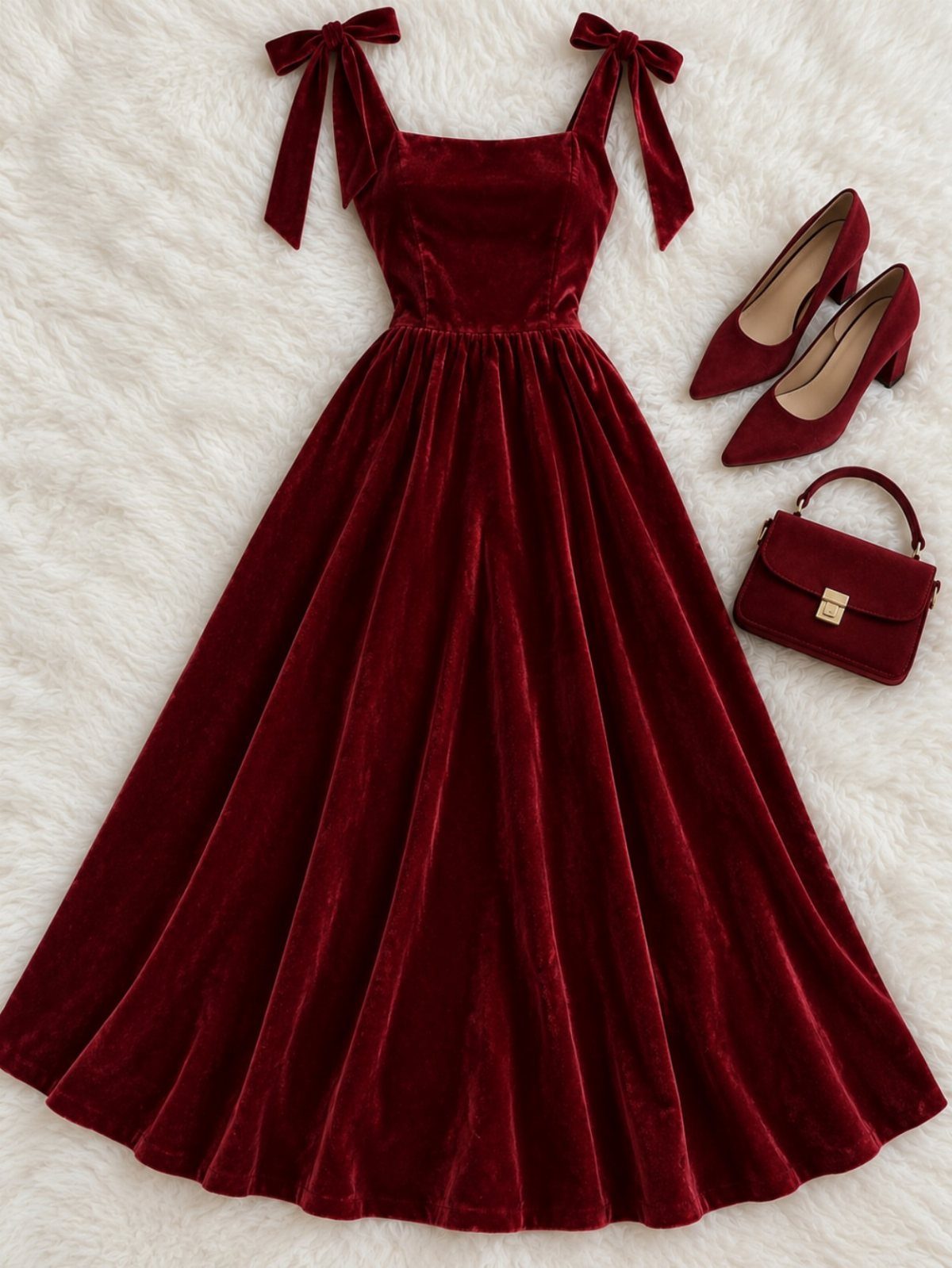 A red velvet dress with bow straps, red heels, and a matching handbag on white fur.